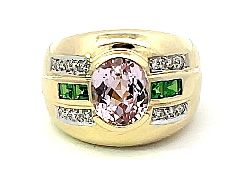 Luxury Sapphire Rings-Pink Kunzite Green Tsavorite Garnet Diamond Cigar Band Ring in 14k Yellow Gold