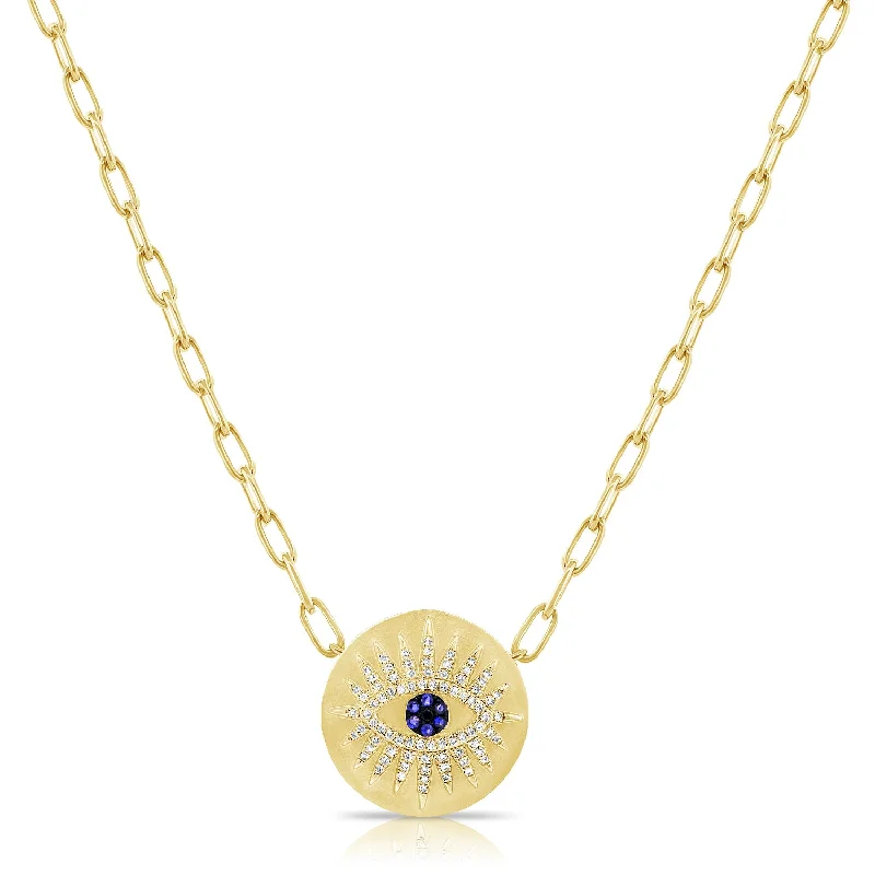 Emerald Necklaces-14K Yellow Gold Diamond + Blue Sapphire Evil Eye Necklace