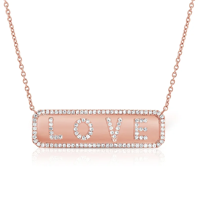 Custom Name Necklaces-14K Rose Gold Diamond "Love" Plate Necklace