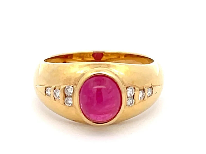 Citrine Rings-Vintage Cabochon Red Ruby and Eight Diamond Ring in 18k Yellow Gold