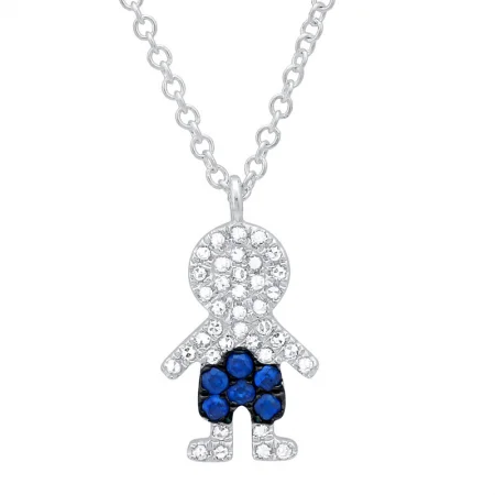 Engraved Necklaces-14K White Gold Diamond and Blue Sapphire Boy Necklace