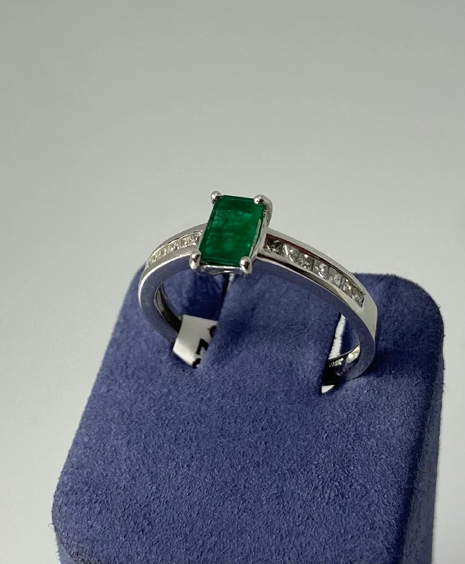 Men's Signet Rings-White Gold Emerald Cut Natural Emerald and Diamond Ring