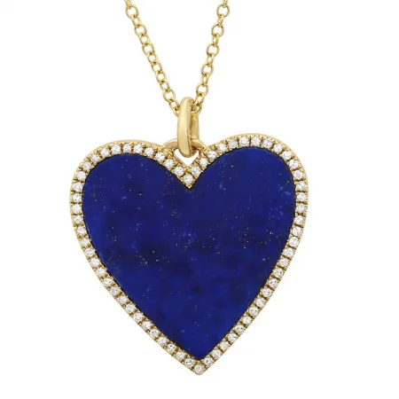 Locket Pendant Necklaces-14K Yellow Gold Diamond Lapis Large Heart Necklace