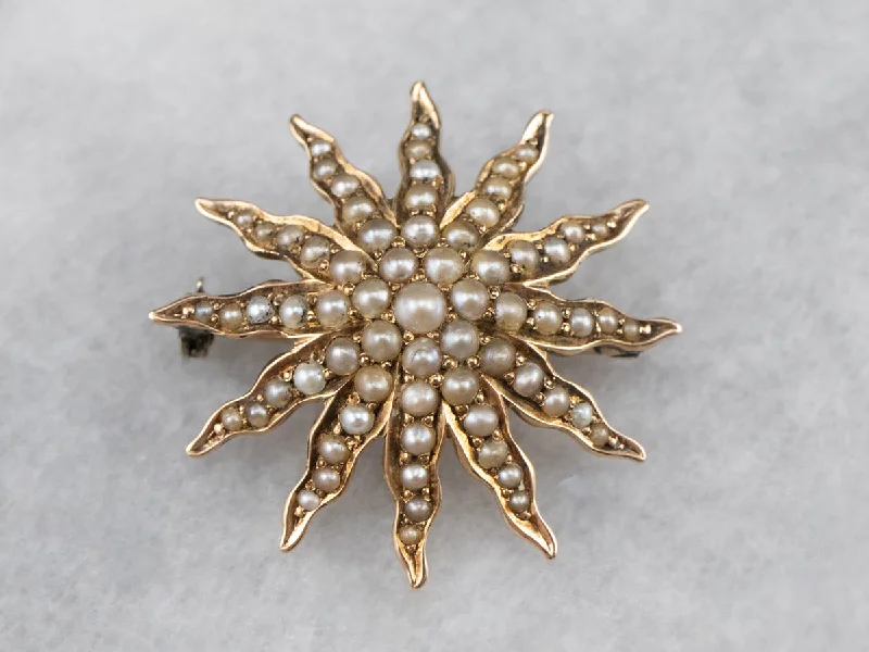 Luxury Pearl Brooch Pin-Victorian Seed Pearl Starburst Brooch Pendant