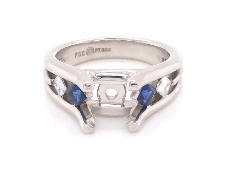 Beaded Rings-Diamond and Sapphire Platinum Engagement Ring, Semi-mount