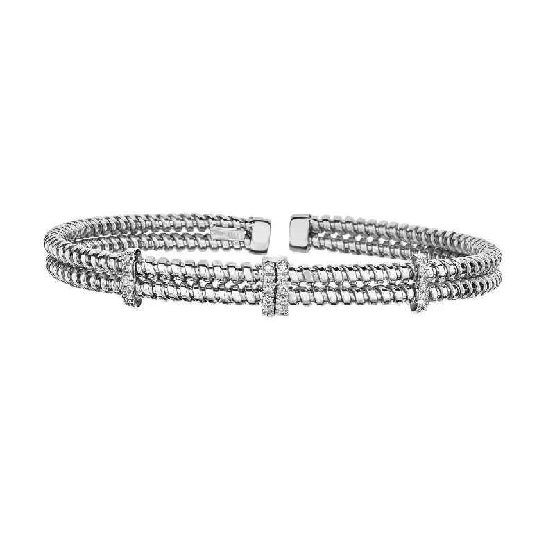 Sterling Silver Bangles-14Kt White Gold 8mm Shiny 0.14Ct 1/2 Pointer Facet Ed Round Diamond 3 Barrel Element On 2 Row Wire Textured Fancy Flexible Cuff Type Bangle WN3793