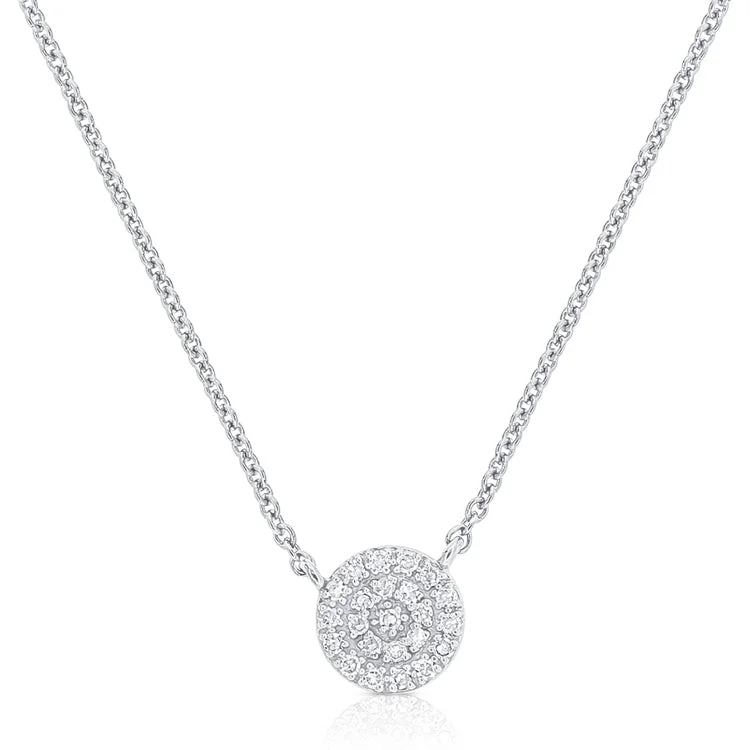 Oval Pendant Necklaces-14K White Gold Diamond Pave Disc Necklace