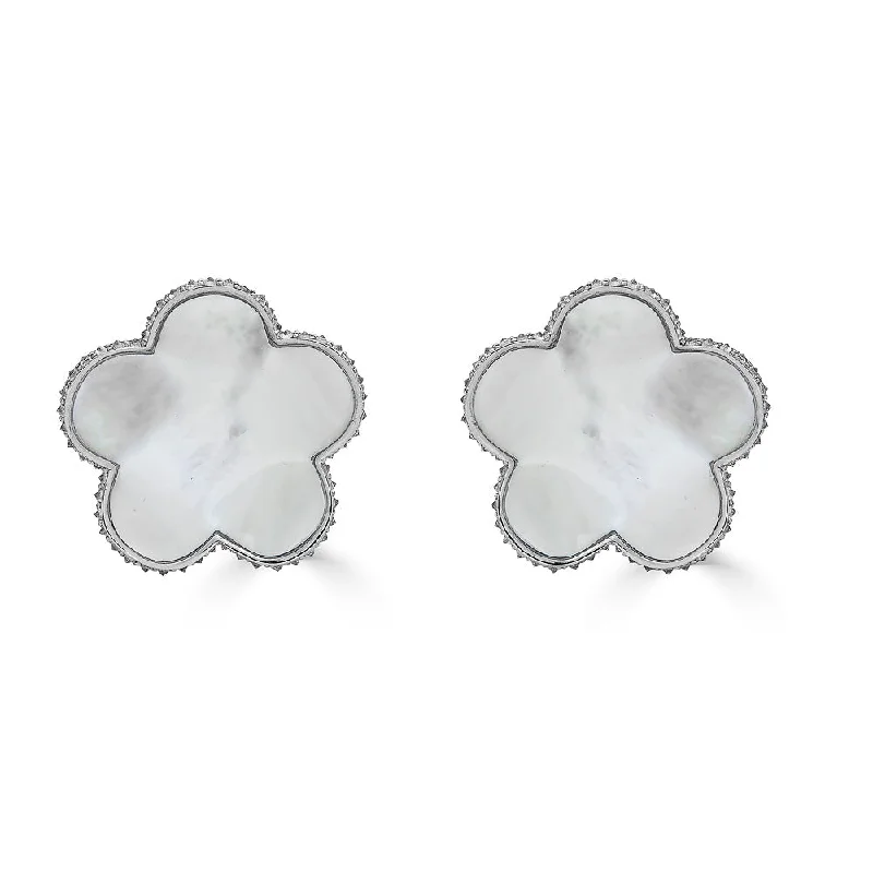 Chain Earrings-White Mother of Pearl & Diamond Small Cinque Flower Earrings