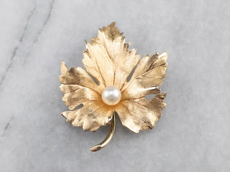 Vintage Enamel Brooch-Golden Pearl Grape Leaf Brooch