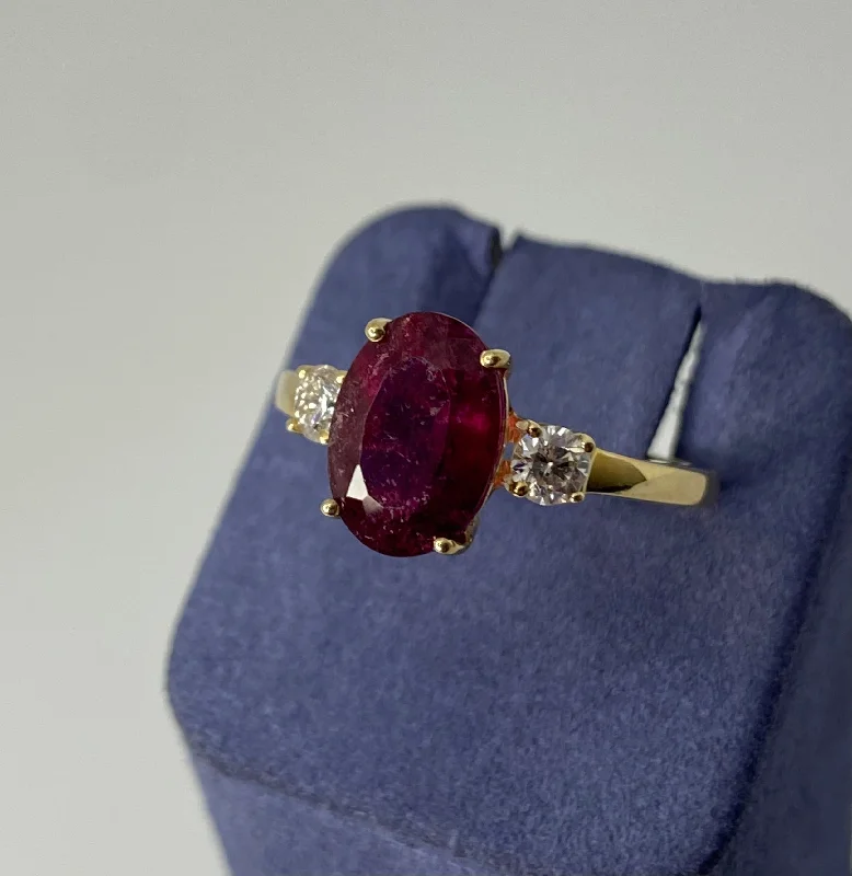 Handcrafted Engagement Rings-Yellow Gold Oval-Shape Natural Tourmaline and Diamond Ring