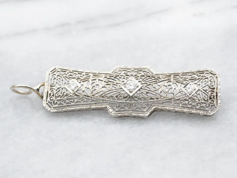 Gold and Silver Brooch-White Gold Art Deco European Cut Diamond Filigree Brooch or Pendant