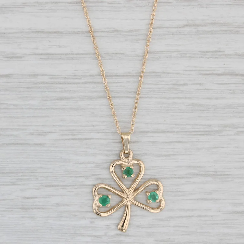 Emerald Necklaces-0.24ctw Emerald Clover Shamrock Pendant Necklace 14k Yellow Gold 19.75"