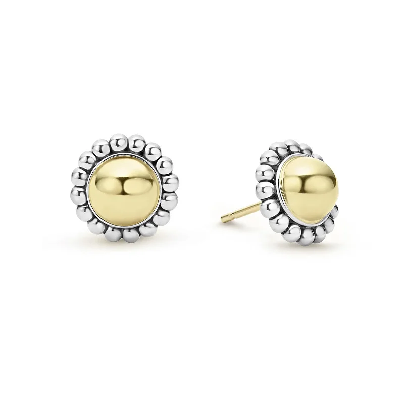 Pair of Earrings-High Bar Round Caviar Stud Earrings in 18K Yellow Gold and Sterling Silver, 12mm