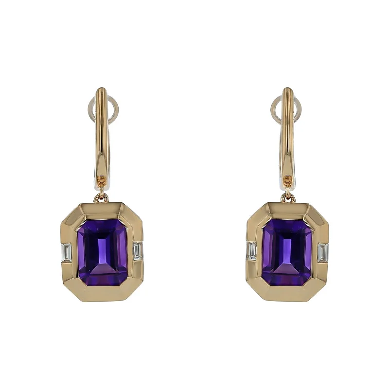 Emerald Earrings-Emerald Cut Amethyst and Diamond Drop Earrings in 14K Yellow Gold