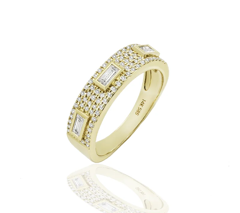 Art Deco Rings-Diamond Full Pave Band set with 3 Baguettes set in 14kt Gold