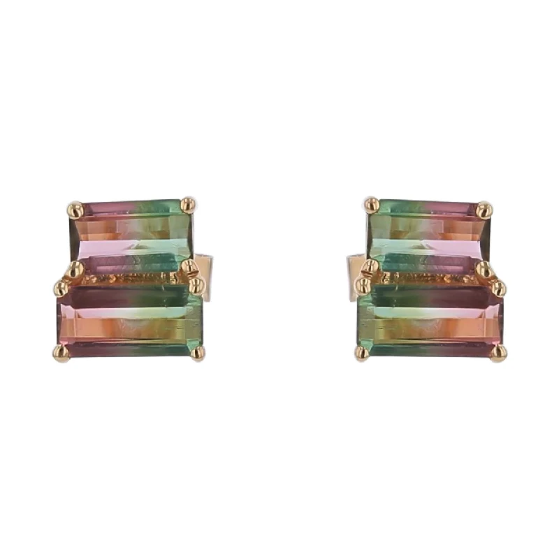 Elegant Gold Earrings-1.04Ct Bi-Color Tourmaline Stacked Stud Earrings in 14k Yellow Gold