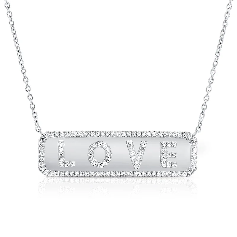 Rose Gold Necklaces-14K White Gold Diamond "Love" Plate Necklace