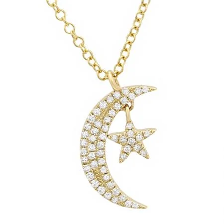 Short Necklaces-14K Yellow Gold Diamond Moon and Star Necklace