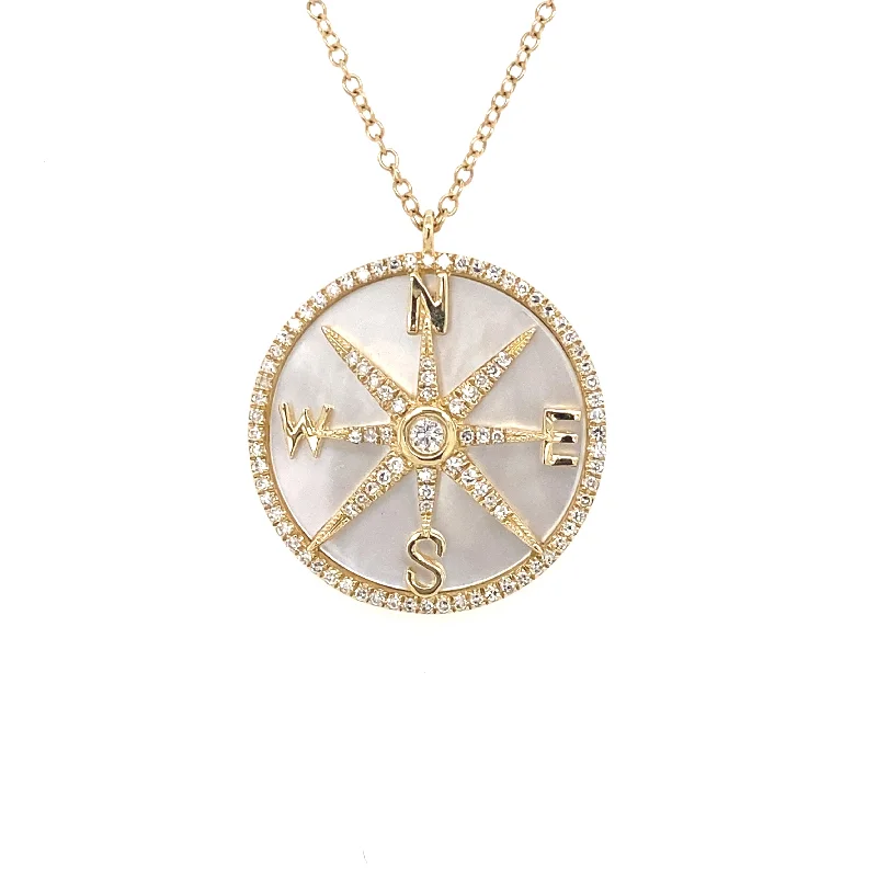 Dainty Necklaces-14K Yellow Gold Diamond + Mother of Pearl Compass Necklace