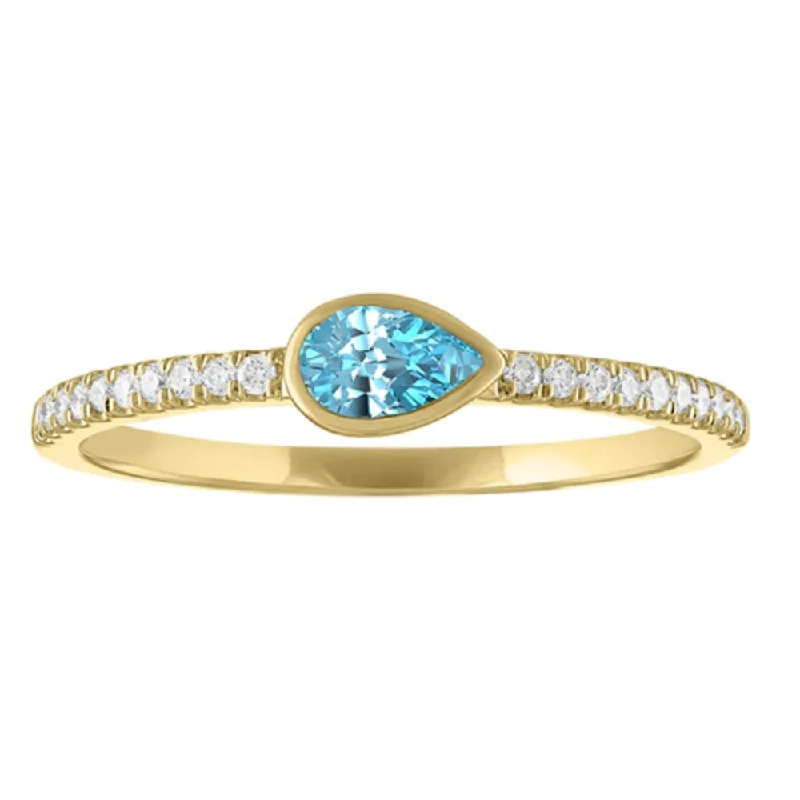 Yellow Gold Rings-My Story "The Lizzo" Pear Shaped Bezel Set Aquamarine Ring