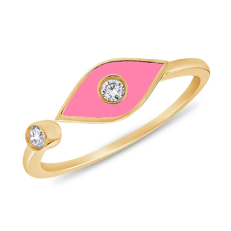 Sterling Silver Rings-Pink Evil Eye Pinky Ring with Diamonds