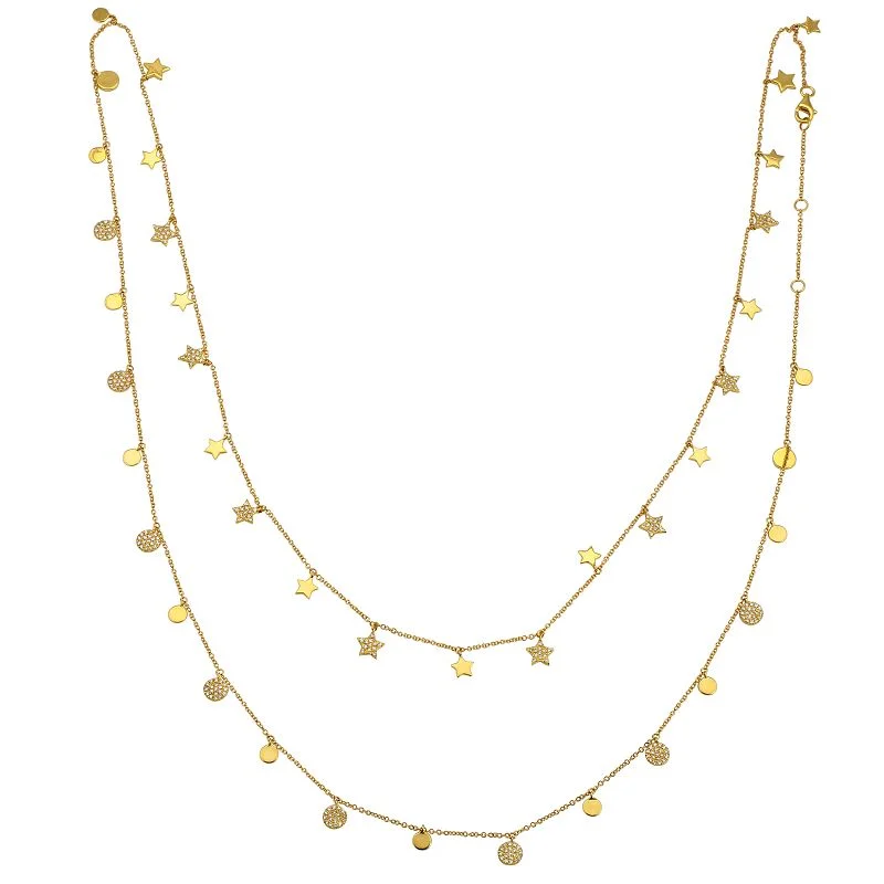 Fashion Chain Necklaces-14K Yellow Gold Round Diamond Disc + Star Layering Necklace