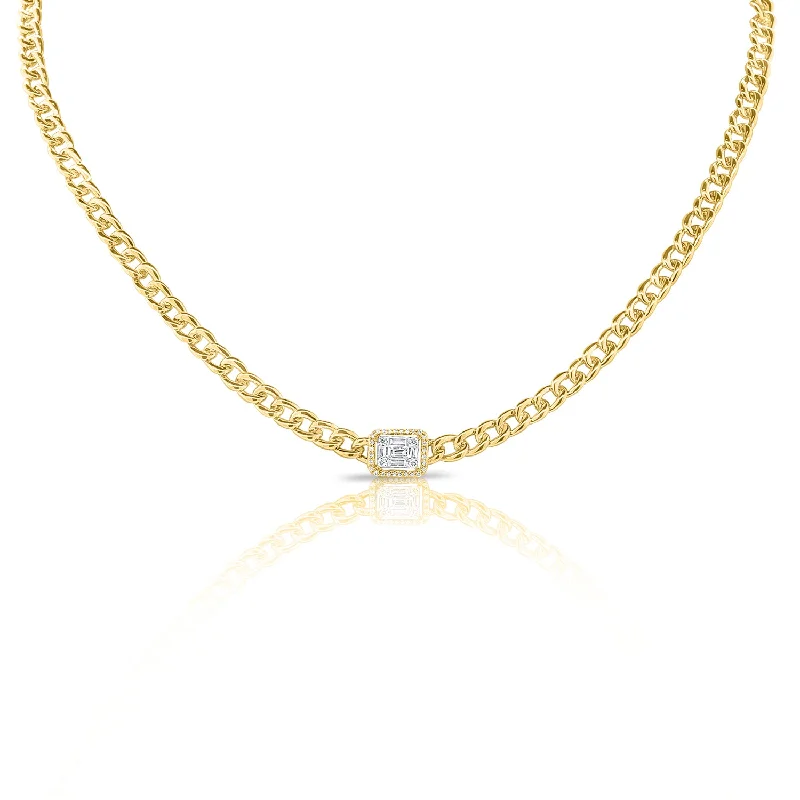 Locket Necklaces-14K Yellow Gold Diamond Center & Curb Link Collar/Choker Necklace