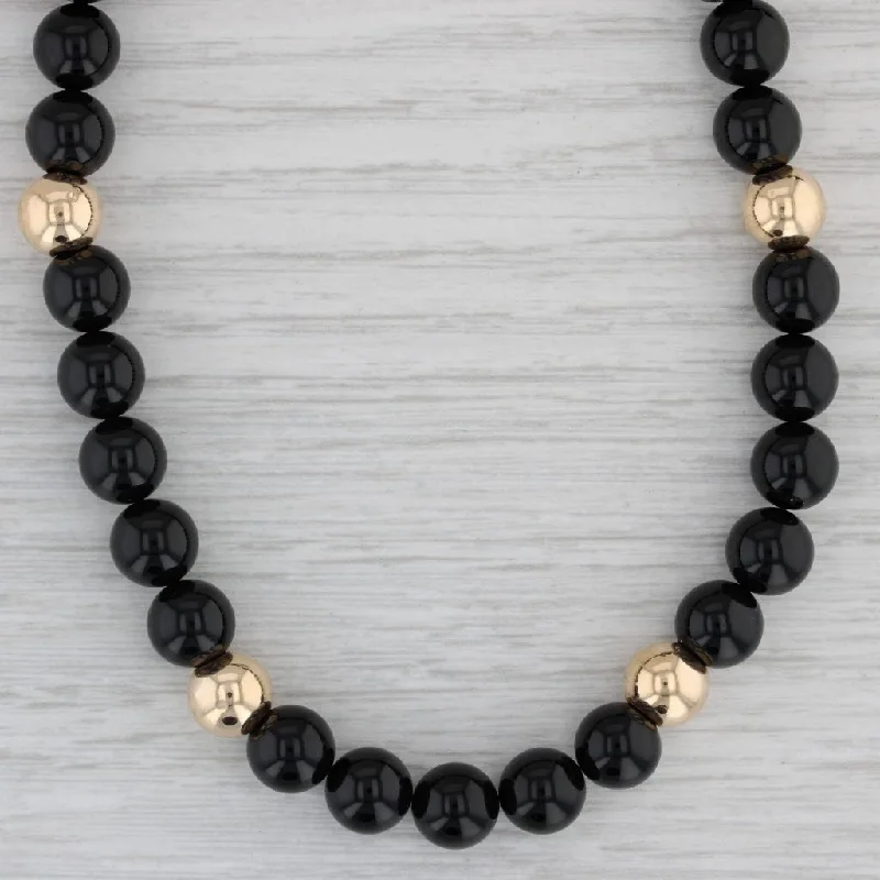 Round Necklaces-Black Onyx Gold Bead Necklace 14k Yellow Gold 29" Long Strand 8mm As Is