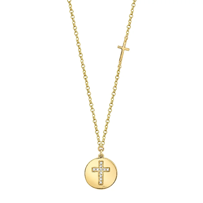 Luxury Diamond Necklaces-14K Yellow Gold Diamond Cross Disc Necklace