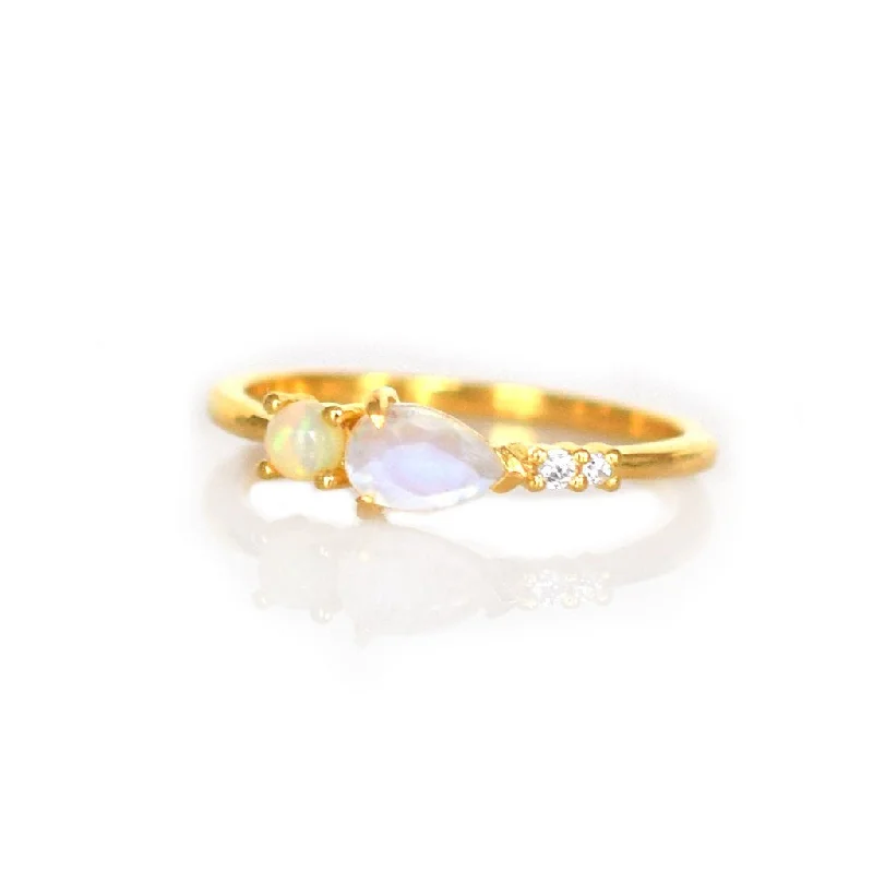 Birthstone Rings for Women-Opal, Rainbow Moonstone and Diamond Elise Ring