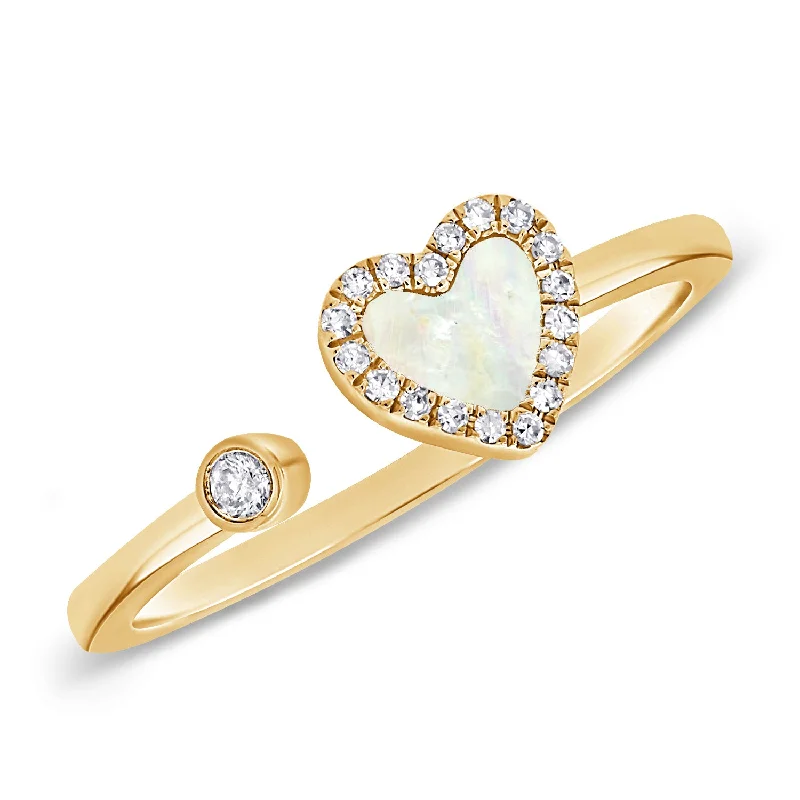 Gold Wedding Rings-Mother of Pearl Open & Wrap Heart Ring with Diamonds