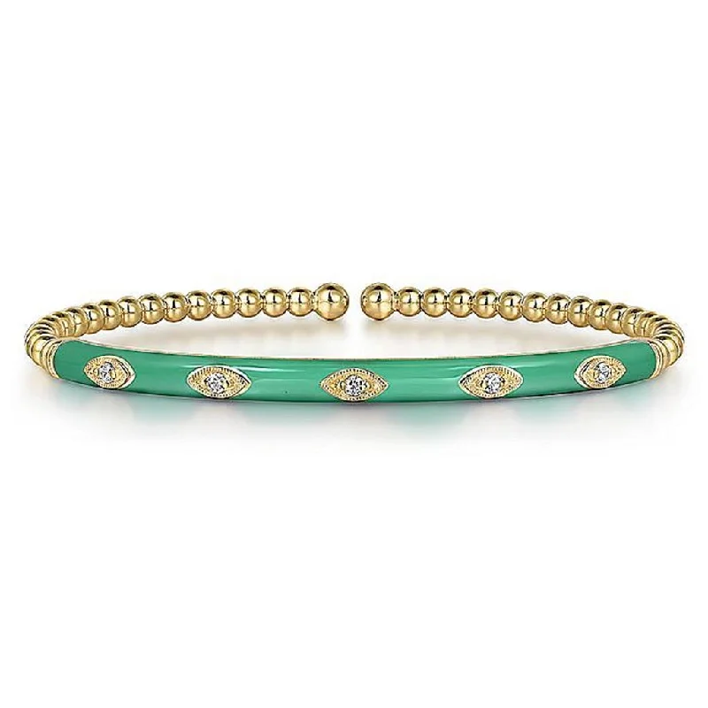 Thin Wedding Bangles-Gabriel & Co. 14K Yellow Gold Bujukan Beads and Diamond Split Bangle with Green Enamel