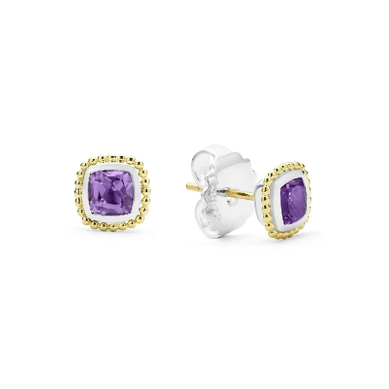 Gold Dangling Earrings-Rittenhouse Cushion Amethyst Stud Earrings in Sterling Silver and 18K Yellow Gold, 7mm