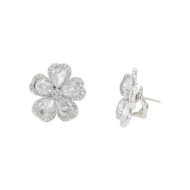 Twisted Earrings-Platinum Pear Shape Diamond Halo Flower Earrings