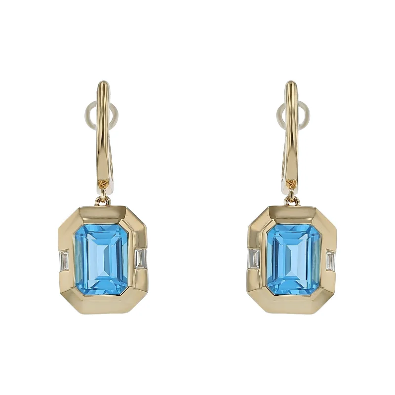 Fancy Drop Earrings-Blue Topaz and Emerald Cut Diamond Drop Earrings in 14K Yellow Gold