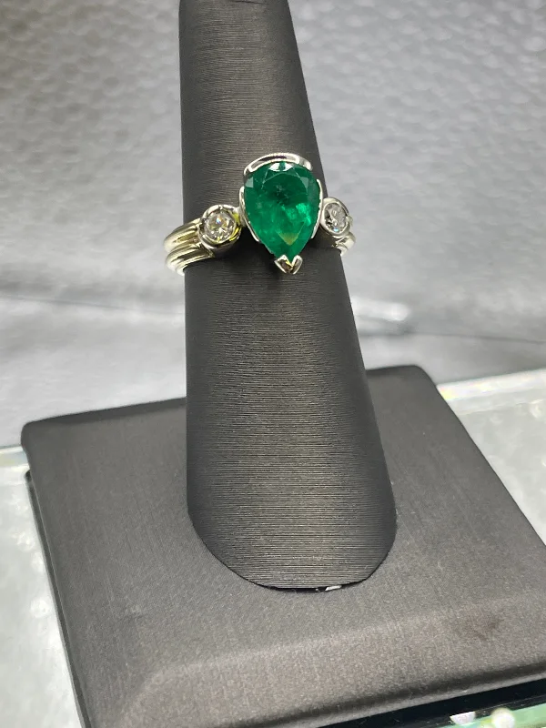 Three-Stone Rings-Ladies 14 Karat Yellow Gold Columbian Pear Shaped Emerald and Diamond Ring