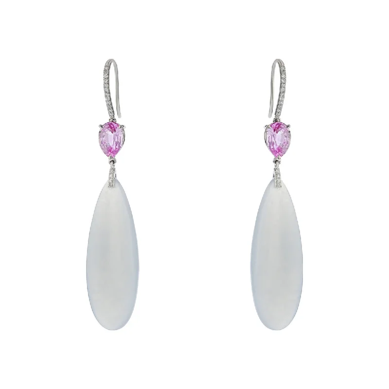 Trendy Earrings-White Jade, Pink Sapphire and Diamond Drop Earrings