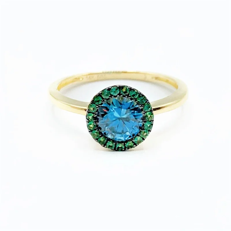 Birthstone Engagement Rings-Cheerful Green and Blue on a Golden Band