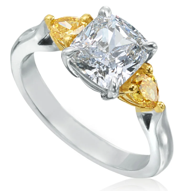 Men's Signet Rings-Cushion Shaped Diamond 18K Gold Engagement Ring with Pear Shaped Yellow Diamonds