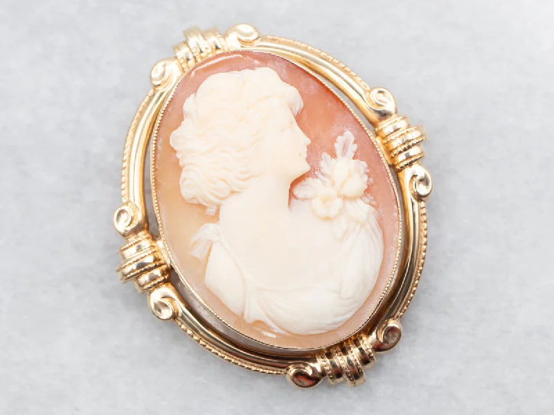 Round Brooch-Mid-Century Gold Cameo Brooch or Pendant