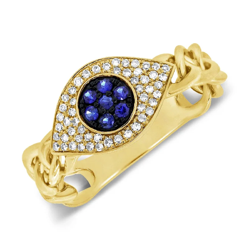 Flower Rings-14K Gold Evil Eye Chain Ring with Diamonds