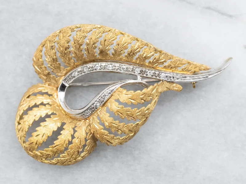 Modern Diamond Brooch-Yellow and White Gold Leaf Brooch with Diamond Accents