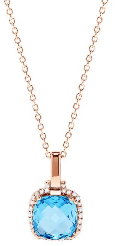 Luxury Diamond Necklaces-14K Rose Gold Blue Topaz and Diamond Square Pendant