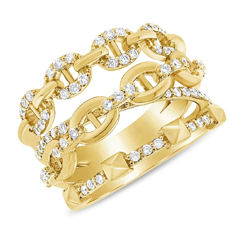 Gold Rings-0.67ct Diamond & 14kt gold Designer Triple Row Open Links Chain Ring