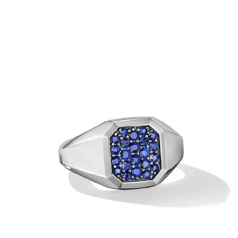 Round Cut Rings-DY Gents Streamline Signet Ring in Sterling Silver with Blue Sapphires, 14mm