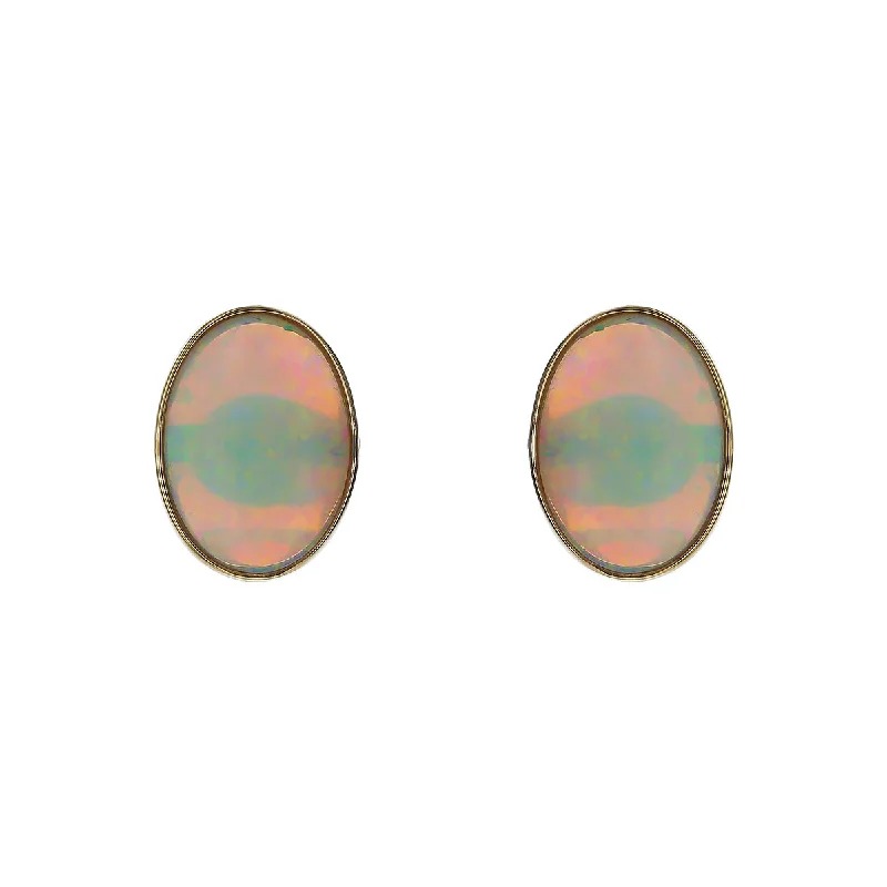 Green Earrings-Opal Doublet Bezel Stud Earrings in 14K Yellow Gold