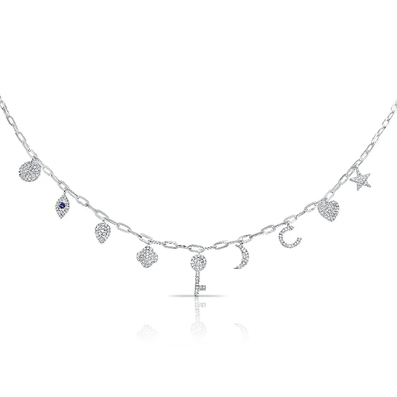 Handcrafted Gemstone Necklaces-14K White Gold Diamond + Sapphire Charm Necklace