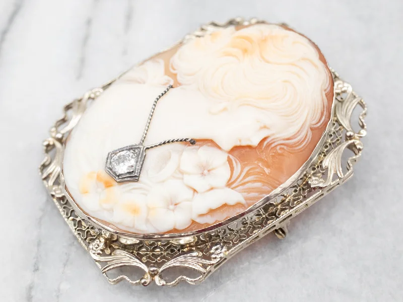 Unique Brooch Designs-Classic Yellow Gold Cameo Brooch or Pendant with Diamond Accent