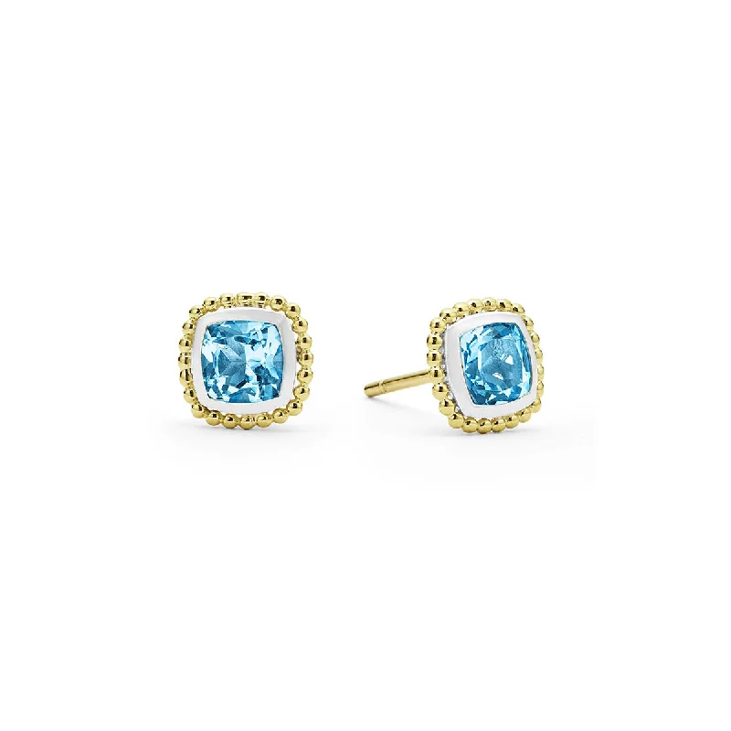 Elegant Diamond Earrings-Rittenhouse Cushion Blue Topaz Stud Earrings in Sterling Silver and 18K Yellow Gold, 7mm