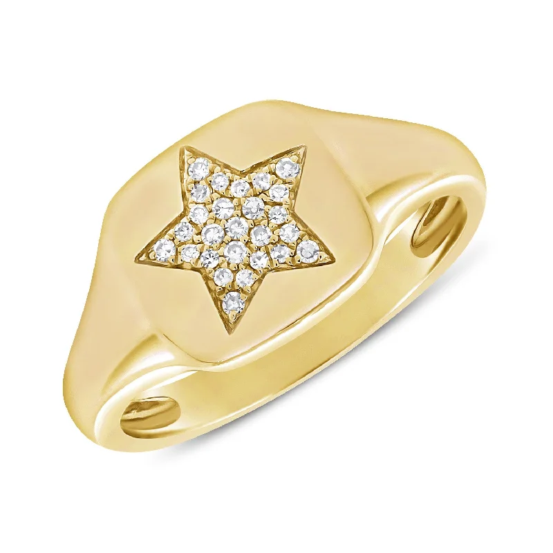 Baguette Rings-Diamond Signet Pinky Ring set in 14kt Yellow Gold with Round Brilliant Diamonds with Star Design